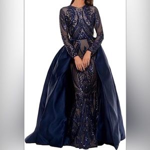 Blue sequin gown with detachable train